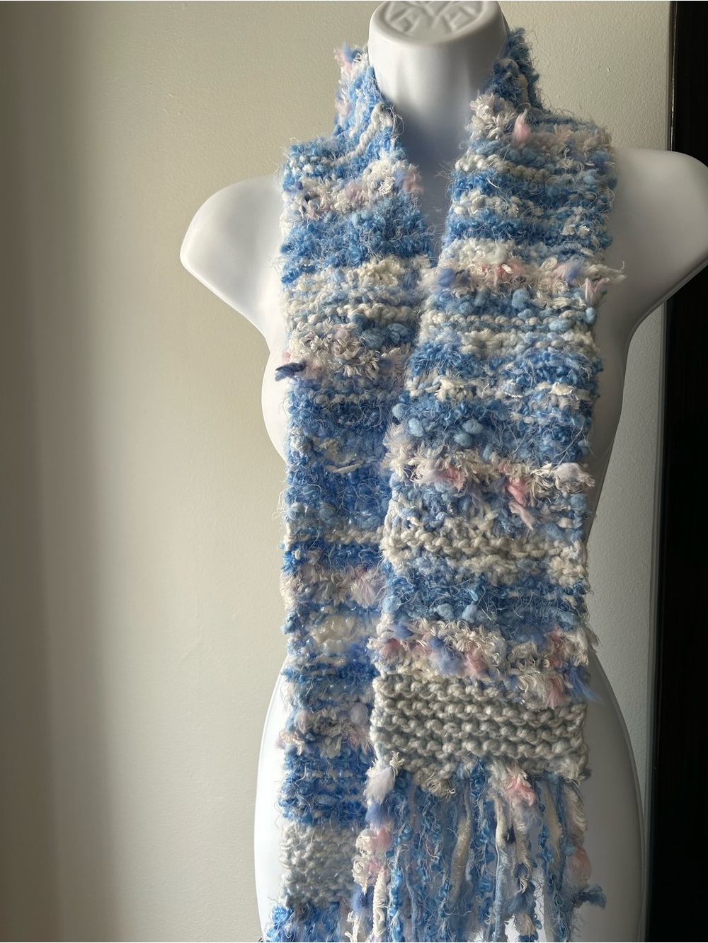 Blue & Cream Hand-Knit Textured Scarf with Pink Accents